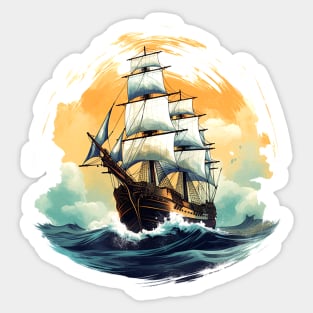 A vintage looking ship sails across the giant waves in a sunset enviornment 4 Sticker